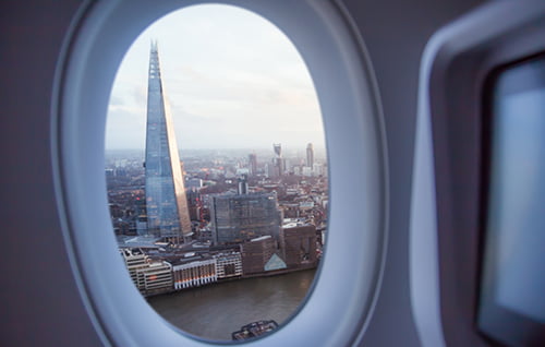 View of Shard from jet plane window.